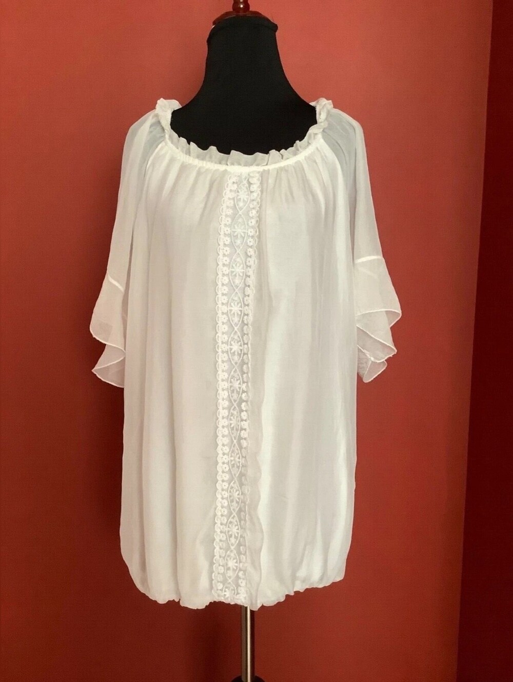 White Lace-Trim Peasant Top - Women